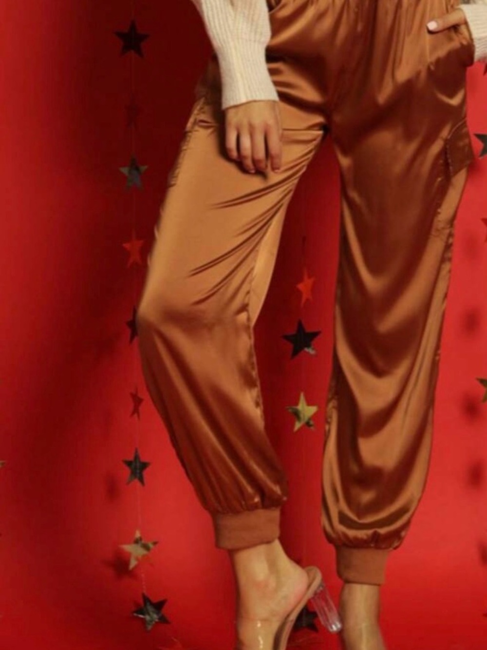 SHEIN Satin Jogger Pants in Caramel Brown